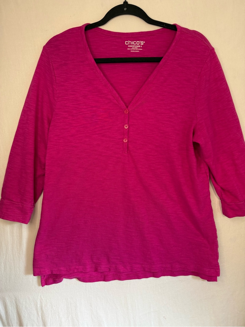 Chico's Women's Hot Pink Henley V-Neck Top Cotton/Modal Size Large (Chicos 2)
